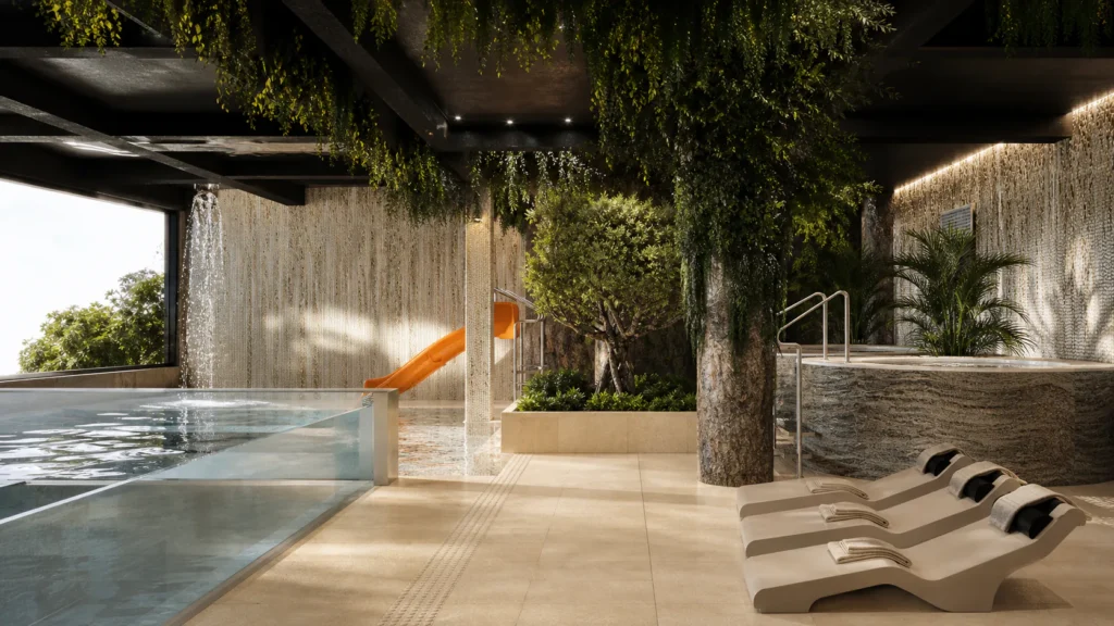 Wizualizacja strefy basenowej Aparthotel Natura Resort z leżakami i zielenią
