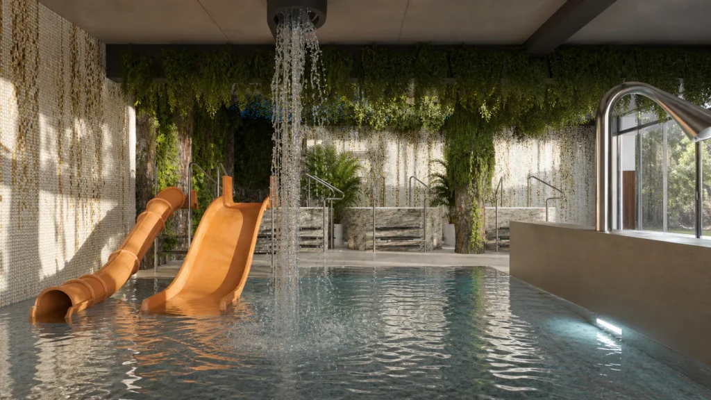 Wizualizacja basenu ze zjeżdżalniami dla dzieci w Aparthotel Natura Resort