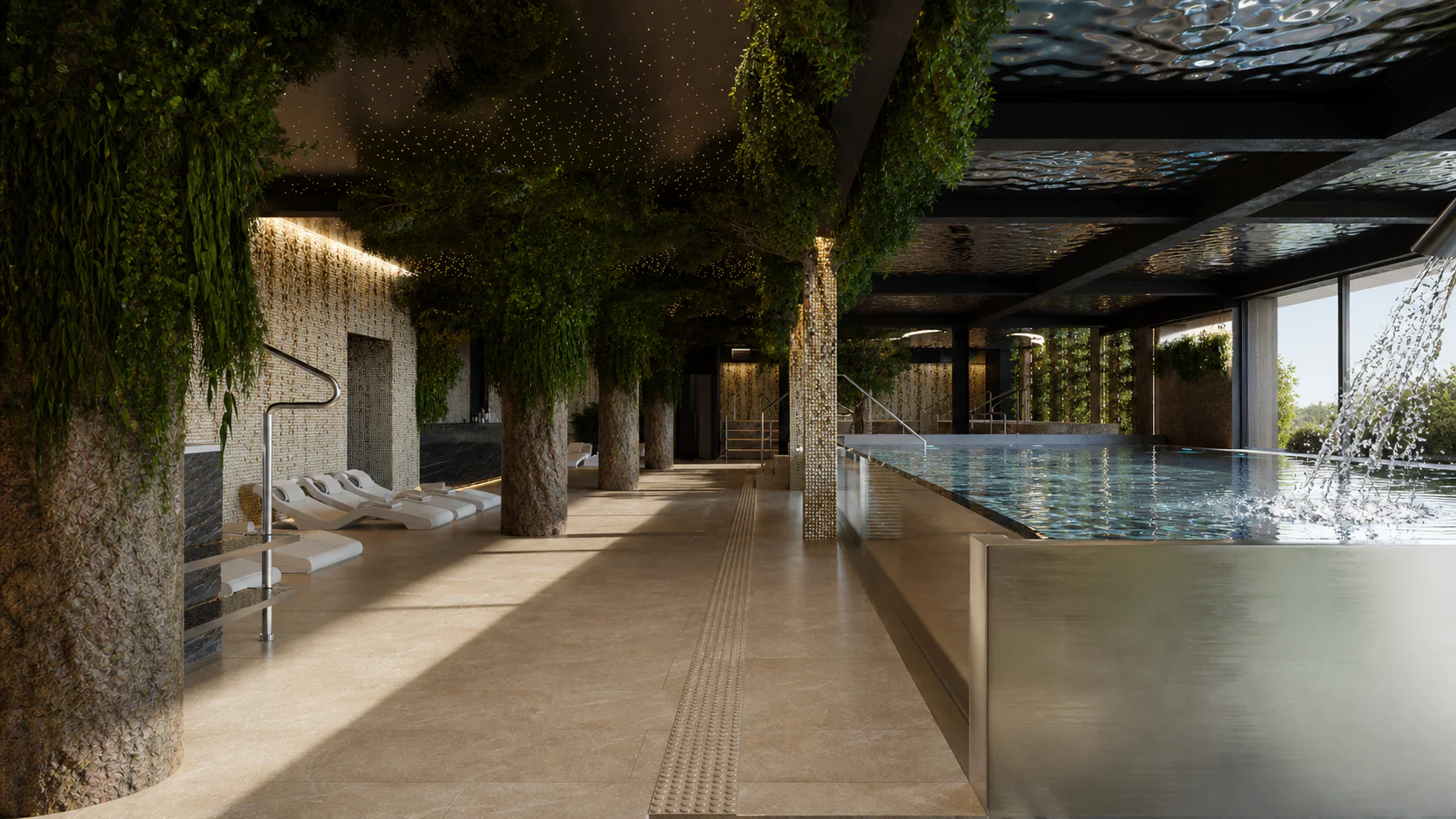 Wizualizacja panoramicznej strefy basenowej i relaksu w Aparthotel Natura Resort