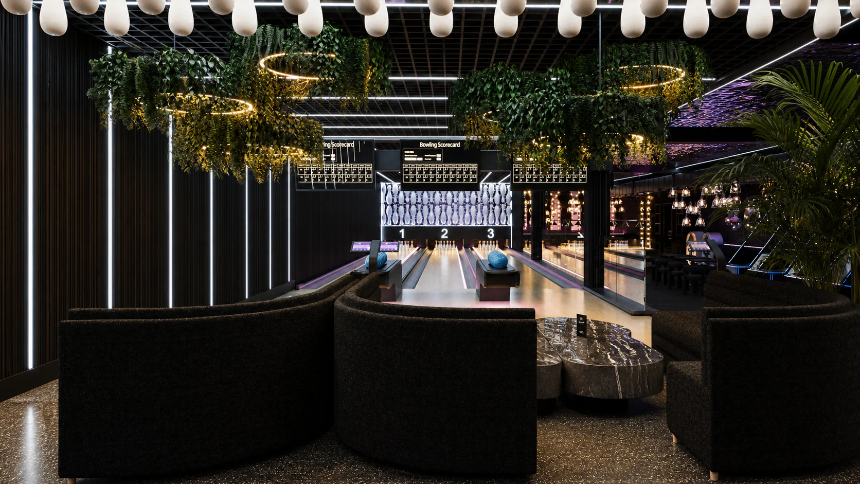 Wizualizacja kręgielni i strefy lounge w Aparthotel Natura Resort