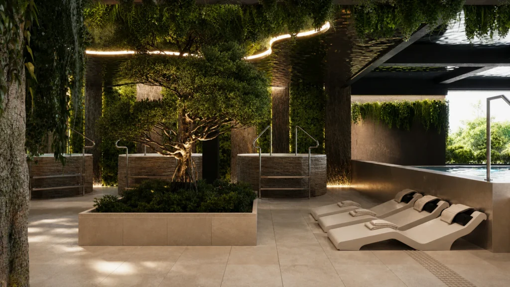 Wizualizacja leżaków w strefie wellness Aparthotel Natura Resort z zielenią