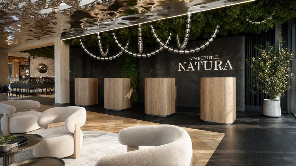 Wizualizacja recepcji Aparthotel Natura Resort z ladami i logo Natura