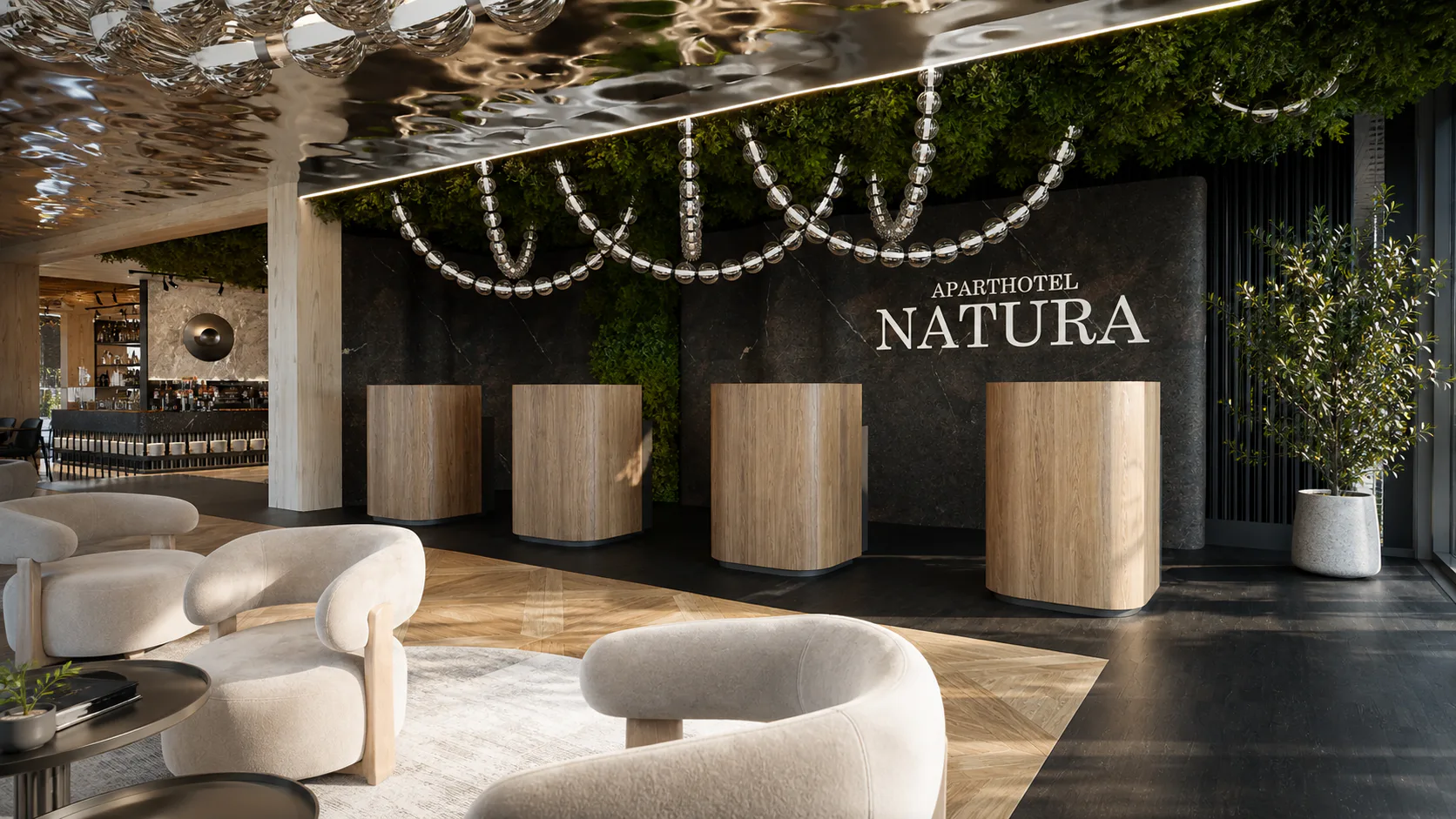 Wizualizacja recepcji Aparthotel Natura Resort z ladami i logo Natura