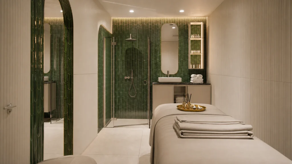 Wizualizacja prywatnej strefy spa z prysznicem i łóżkiem zabiegowym w Aparthotel Natura Resort