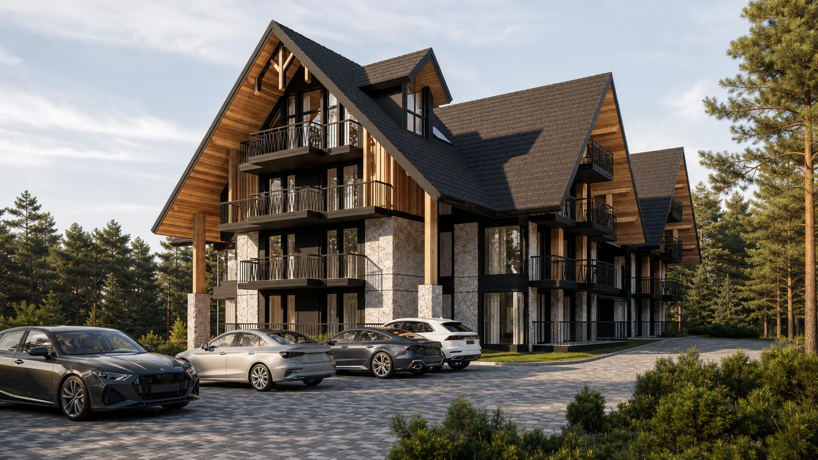 Wizualizacja zewnętrznej bryły Aparthotel Natura Resort w Kluszkowcach