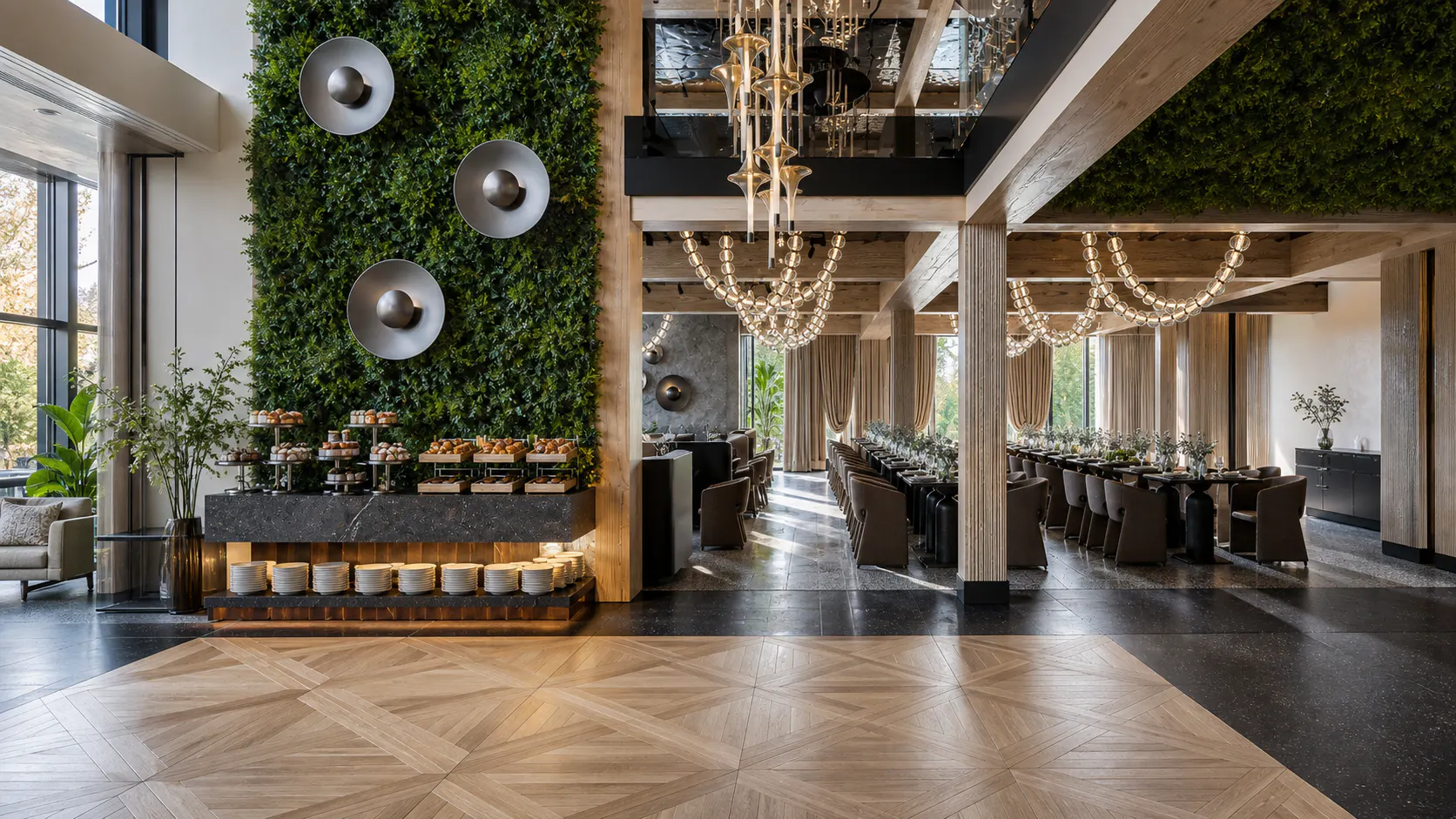 Wizualizacja restauracji Natura Resort z barem, zielenią i eleganckim oświetleniem