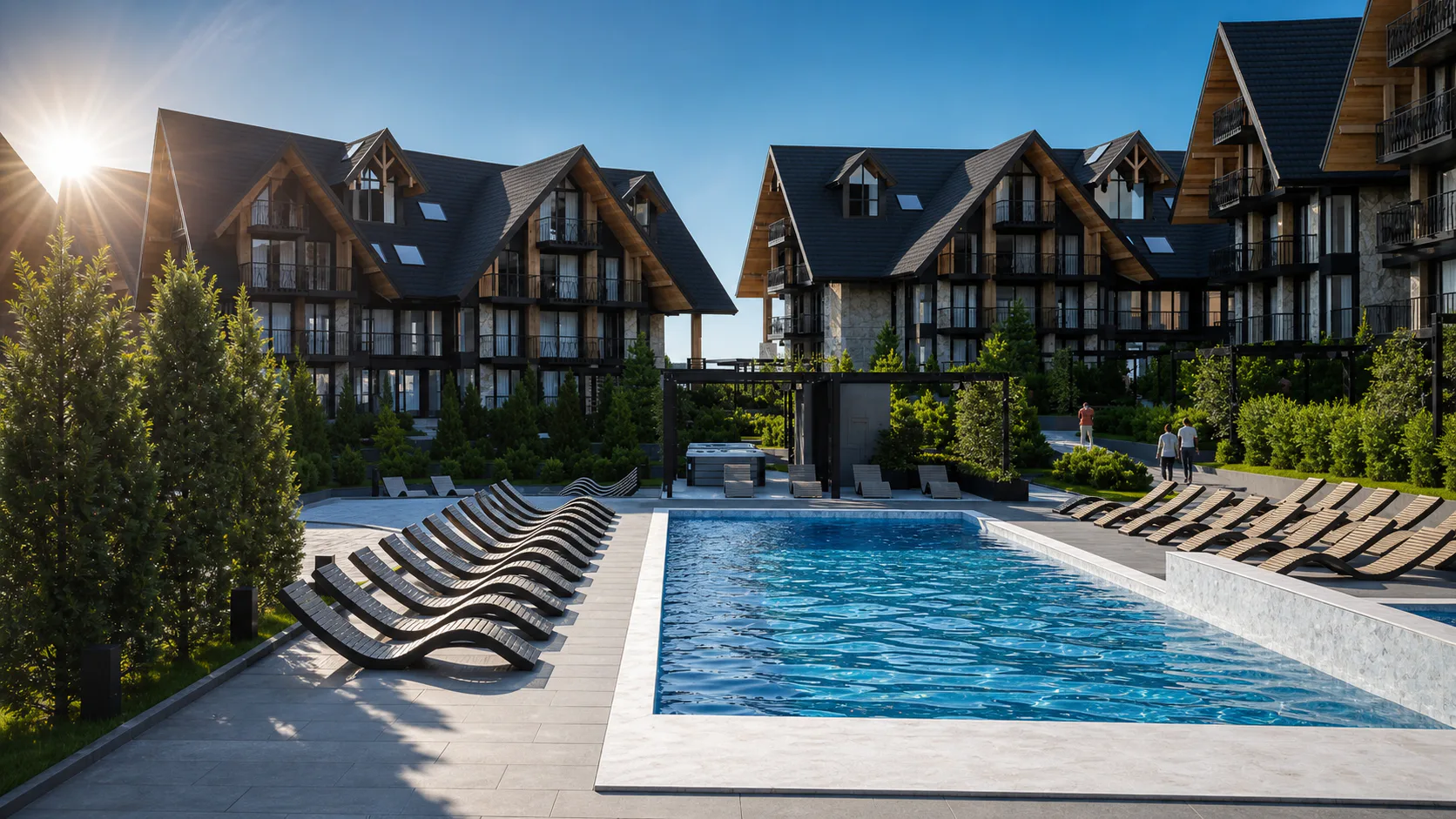 Wizualizacja basenu zewnętrznego Aparthotel Natura Resort z leżakami i budynkiem resortu